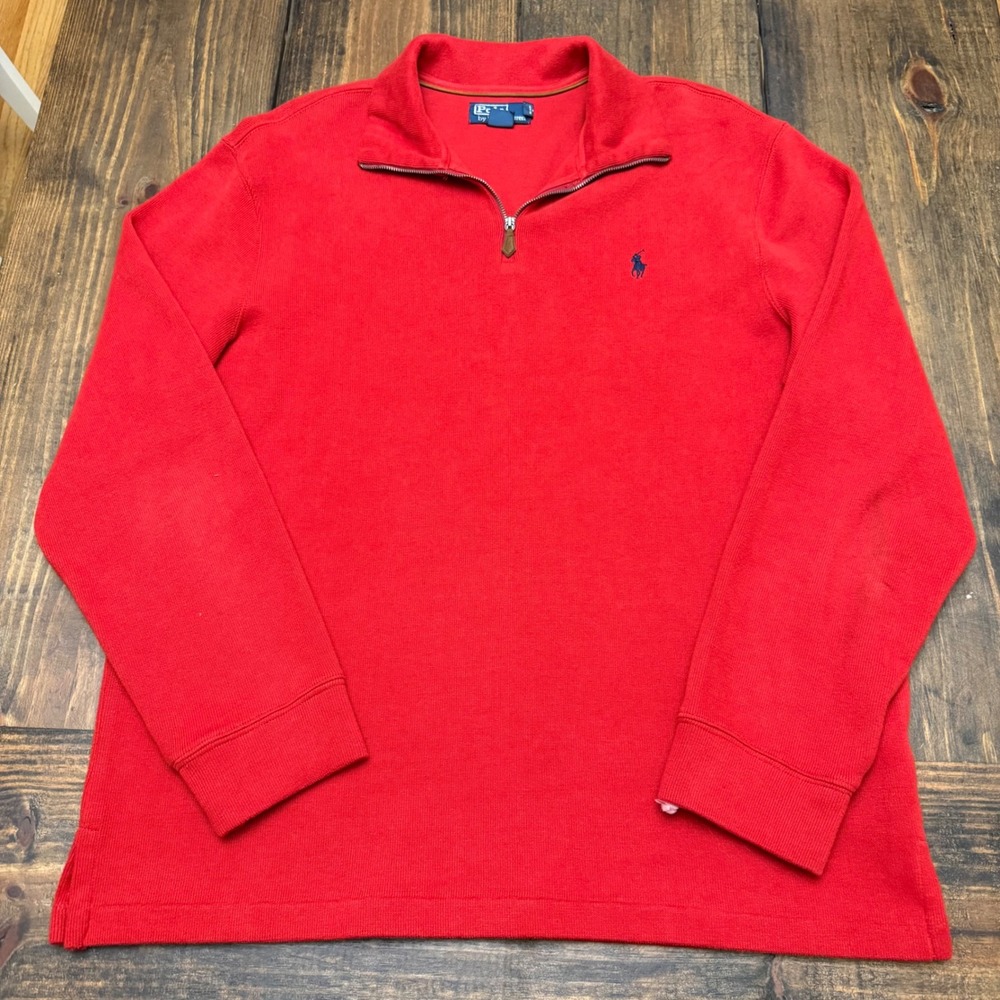 Polo Ralph Lauren Mens XL Red Cotton Quarter Zip Pullover Sweater Navy Pony Logo